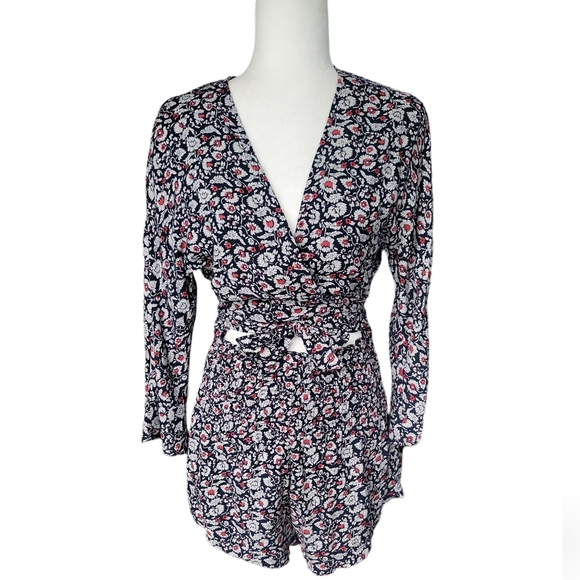 Storia Floral Front Tie Romper, Size Medium, Color Navy Floral - Picture 1 of 9